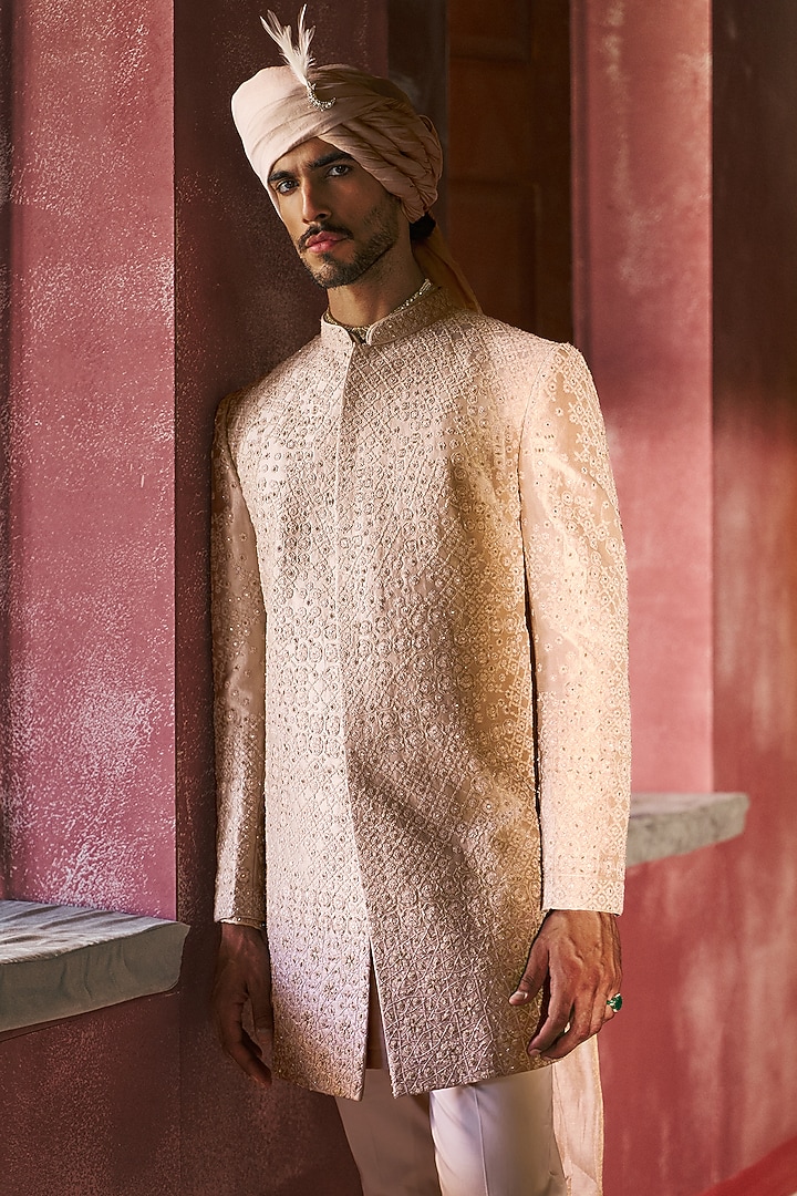 Sandstone Tissue Threadwork Embroidered Groom Sherwani Set by Dolly J MAN at Pernia's Pop Up Shop