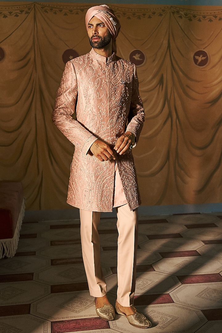 Lavender Mist Tissue Hand Embroidered Groom Sherwani Set by Dolly J MAN at Pernia's Pop Up Shop