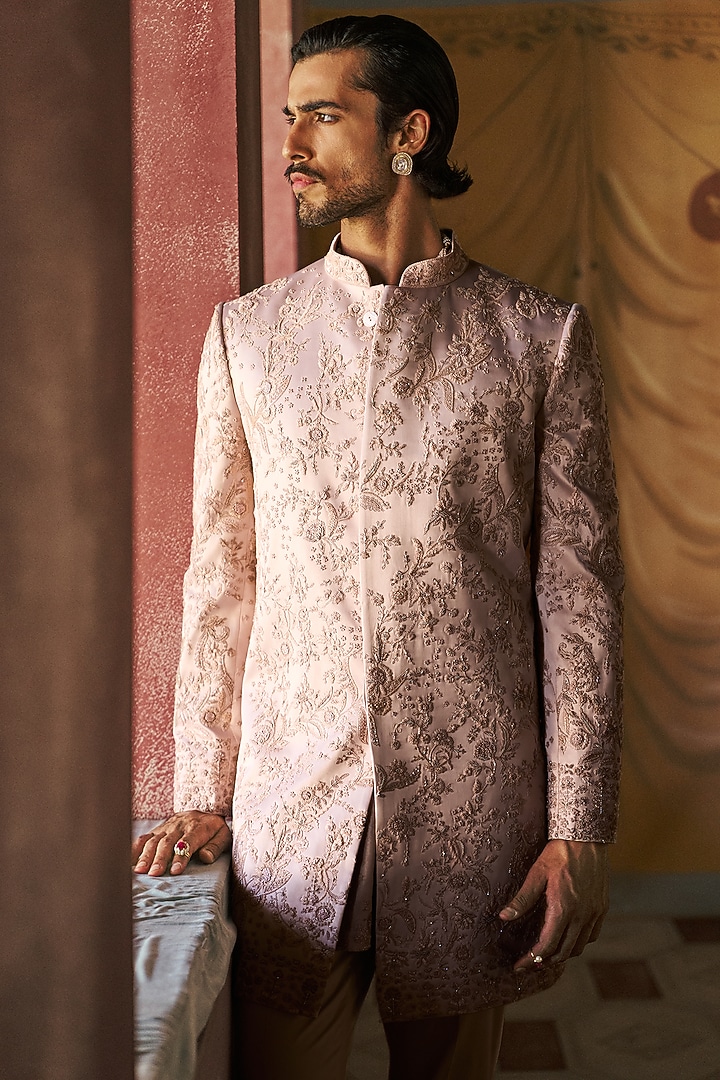 Lavender Mist Tissue Hand Embroidered Groom Sherwani Set by Dolly J MAN at Pernia's Pop Up Shop