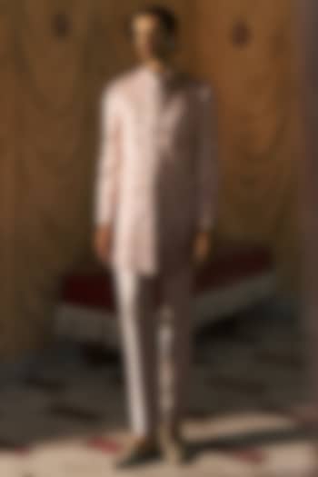 Peach Dutch Satin Metallic Embellished Groom Sherwani Set by Dolly J MAN at Pernia's Pop Up Shop