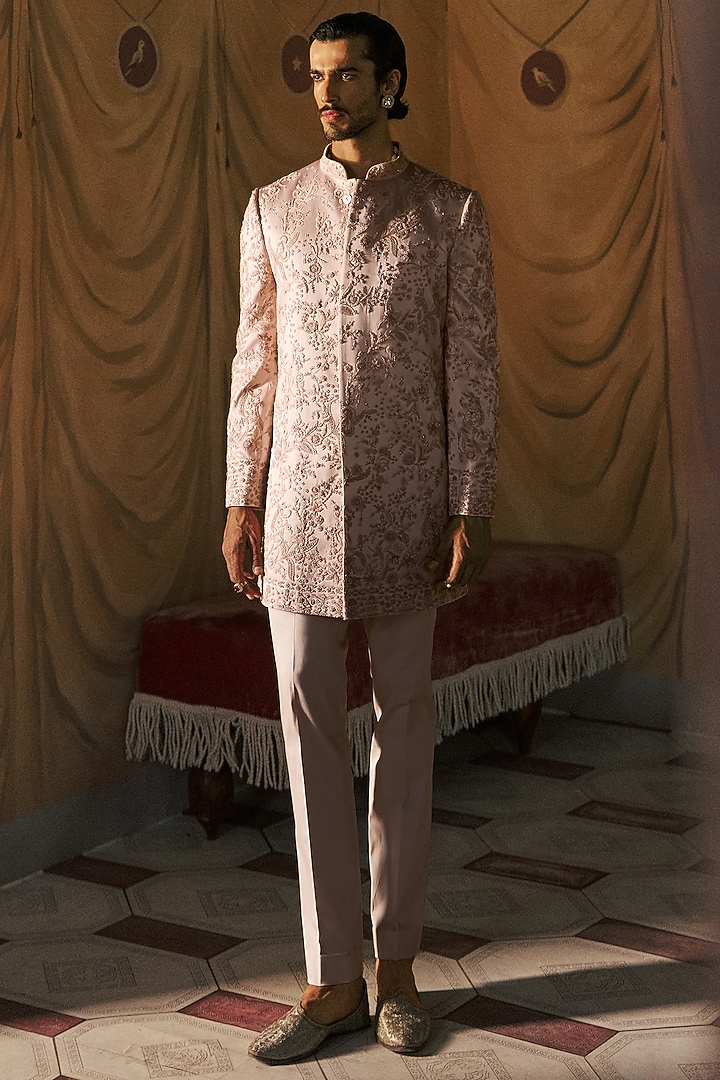 Peach Dutch Satin Metallic Embellished Groom Sherwani Set by Dolly J MAN at Pernia's Pop Up Shop
