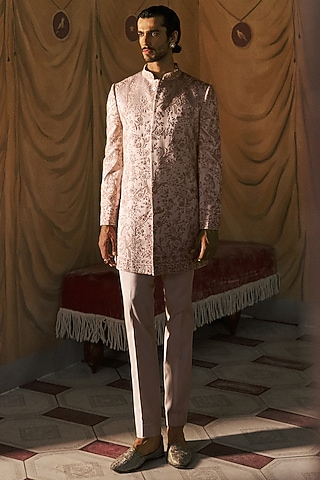 Peach Dutch Satin Metallic Embellished Sherwani Set by Dolly J MAN