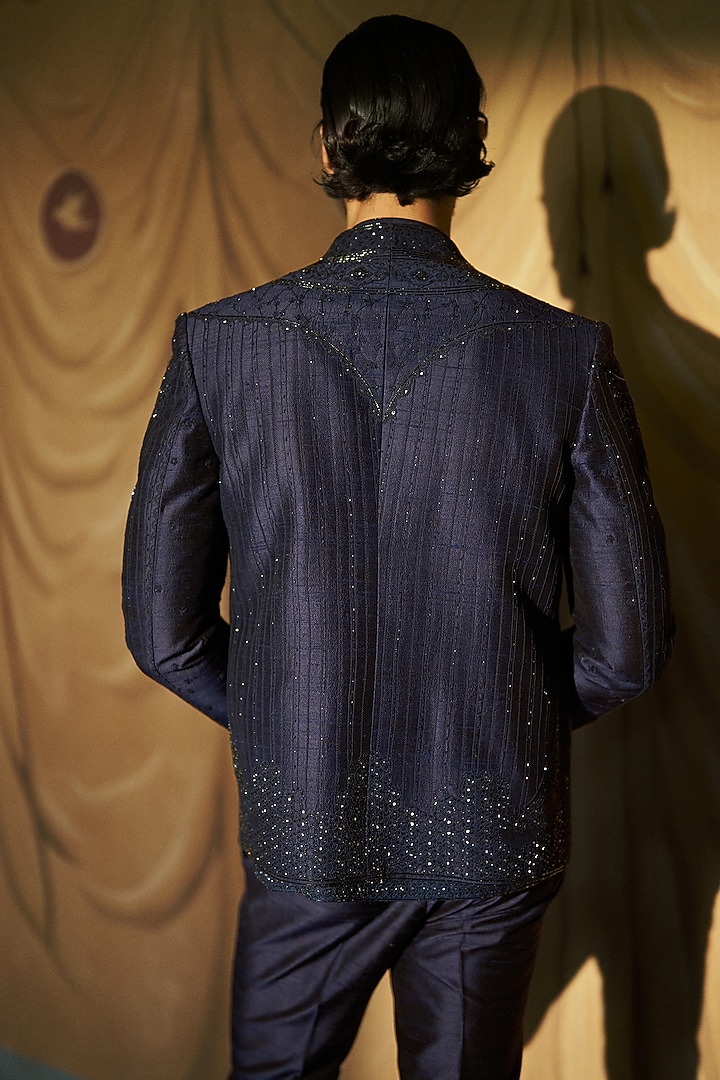 Midnight Blue Raw Silk Hand Embroidered Open Jacket Set by Dolly J MAN at Pernia's Pop Up Shop