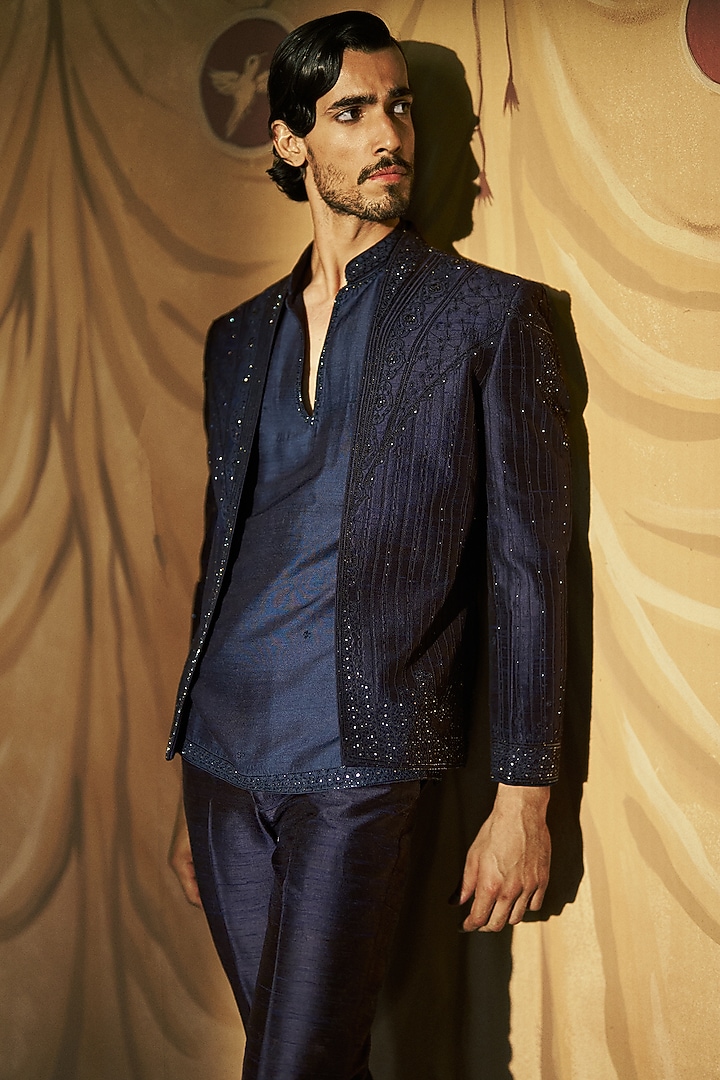 Midnight Blue Raw Silk Hand Embroidered Open Jacket Set by Dolly J MAN at Pernia's Pop Up Shop