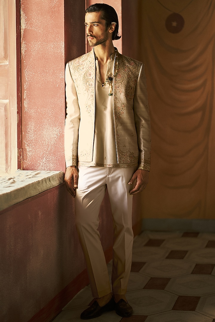 Sea-Breeze Colored Raw Silk Floral Embroidered Groom Indowestern Jacket Set by Dolly J MAN at Pernia's Pop Up Shop