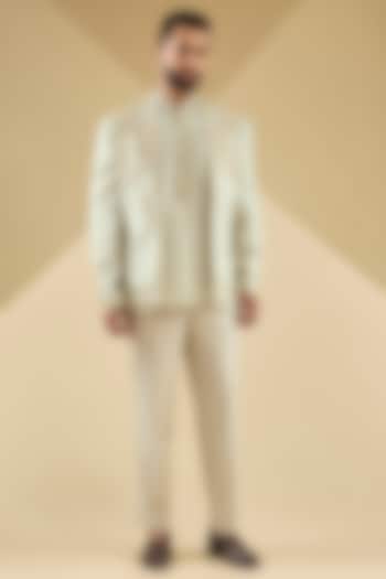 Sea-Breeze Colored Raw Silk Floral Embroidered Groom Indowestern Jacket Set by Dolly J MAN at Pernia's Pop Up Shop