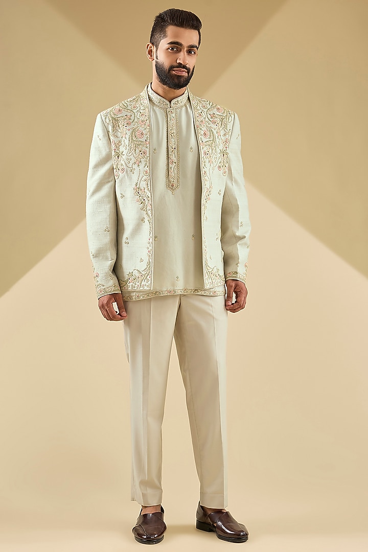 Sea-Breeze Colored Raw Silk Floral Embroidered Groom Indowestern Jacket Set by Dolly J MAN at Pernia's Pop Up Shop