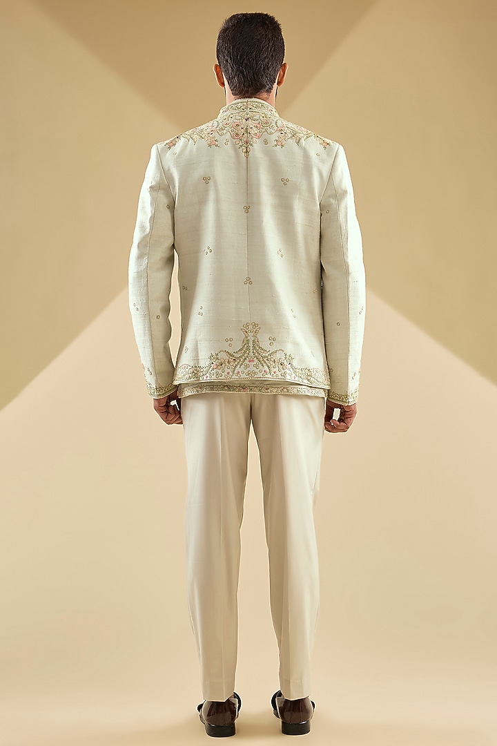 Sea-Breeze Colored Raw Silk Floral Embroidered Groom Indowestern Jacket Set by Dolly J MAN at Pernia's Pop Up Shop