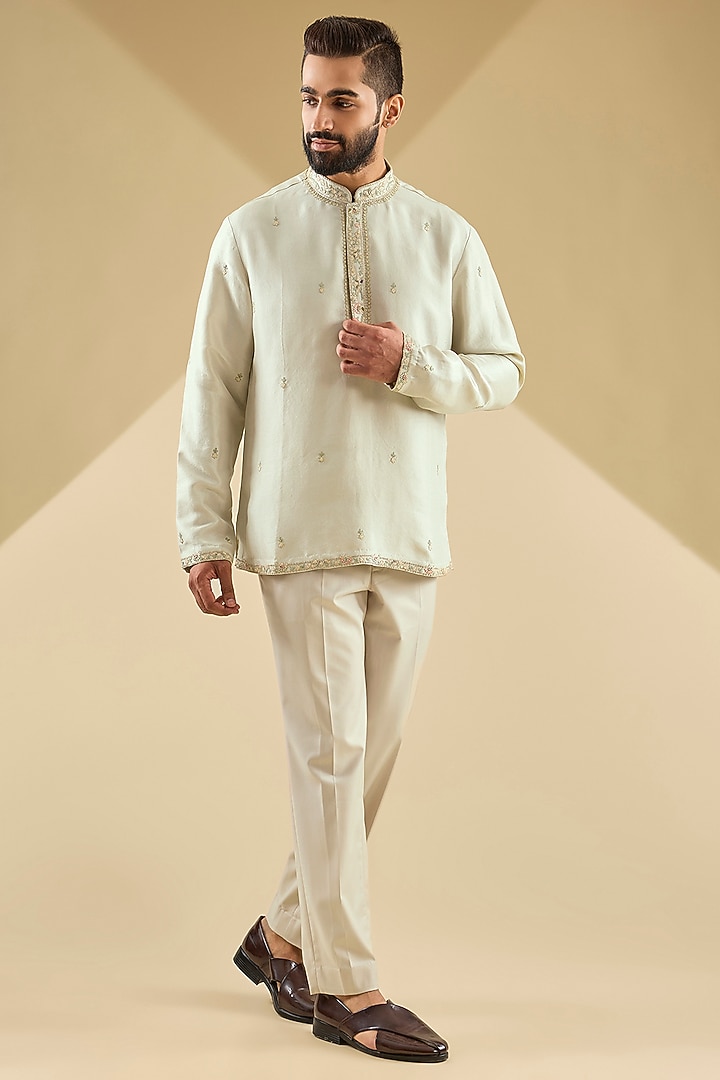 Sea-Breeze Colored Raw Silk Floral Embroidered Groom Indowestern Jacket Set by Dolly J MAN at Pernia's Pop Up Shop