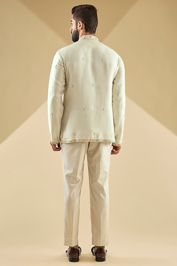 Sea-Breeze Colored Raw Silk Floral Embroidered Groom Indowestern Jacket Set by Dolly J MAN at Pernia's Pop Up Shop