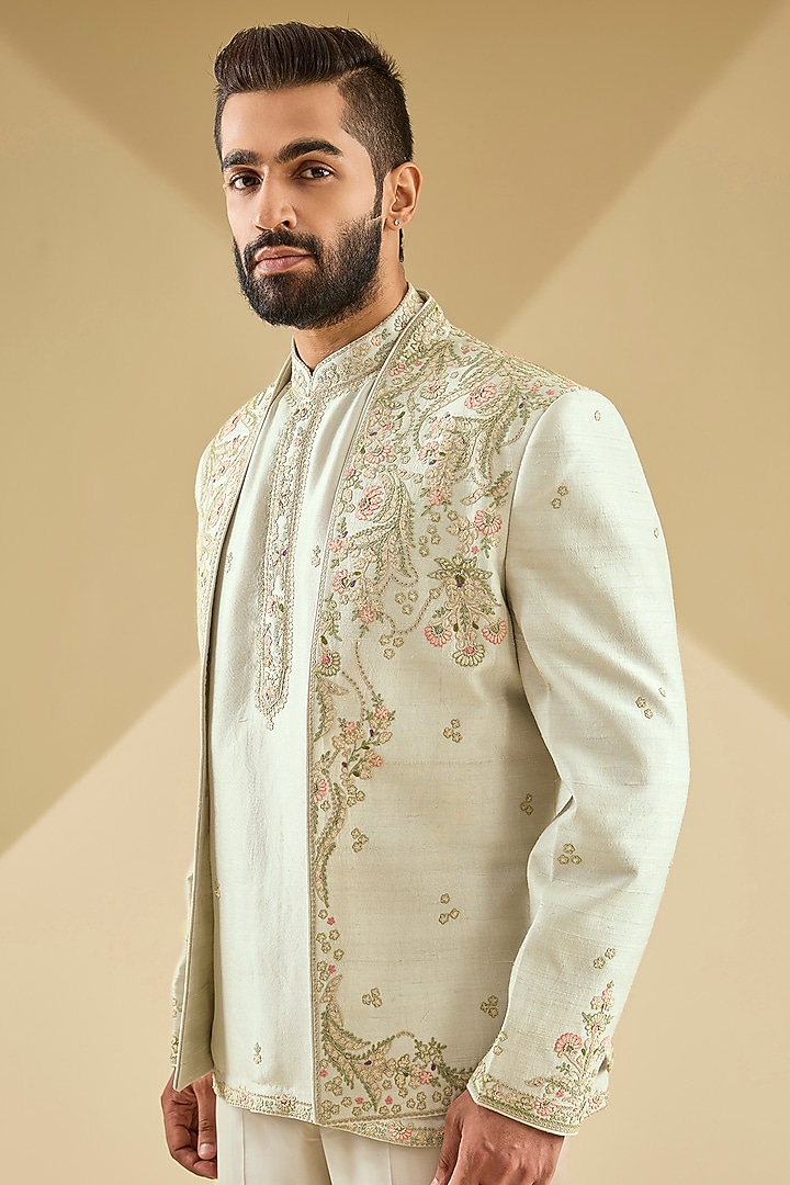 Sea-Breeze Colored Raw Silk Floral Embroidered Groom Indowestern Jacket Set by Dolly J MAN at Pernia's Pop Up Shop