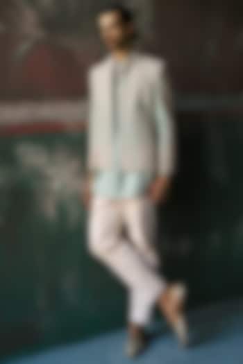 Pistachio-Frost Colored Raw Silk Short Groom Indowestern Jacket Set by Dolly J MAN at Pernia's Pop Up Shop