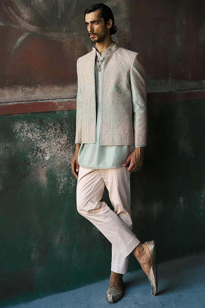 Pistachio-Frost Colored Raw Silk Short Groom Indowestern Jacket Set by Dolly J MAN at Pernia's Pop Up Shop