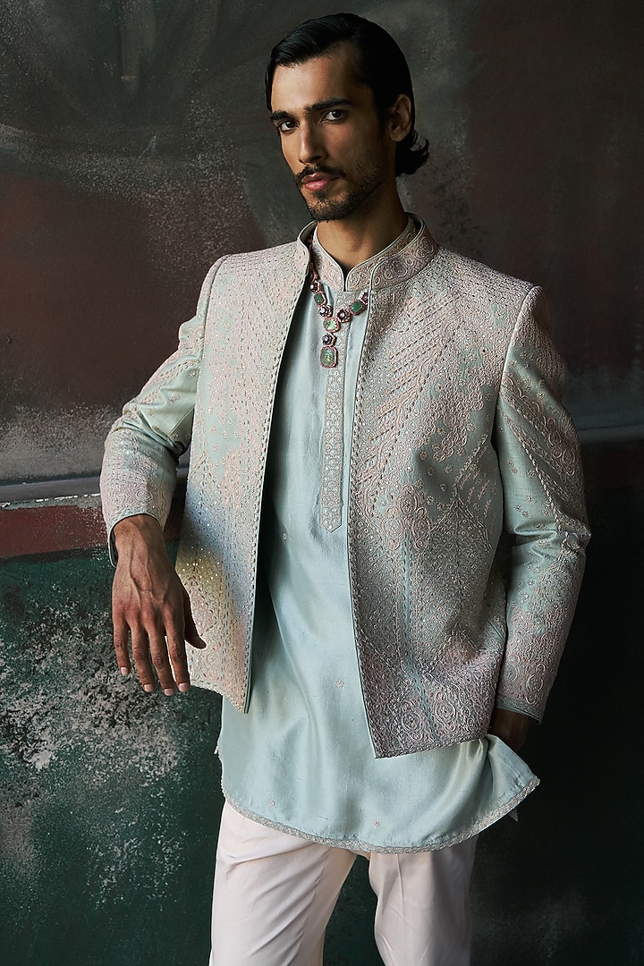 Pistachio Green Raw Silk Short Groom Indowestern Jacket Set by Dolly J MAN at Pernia's Pop Up Shop