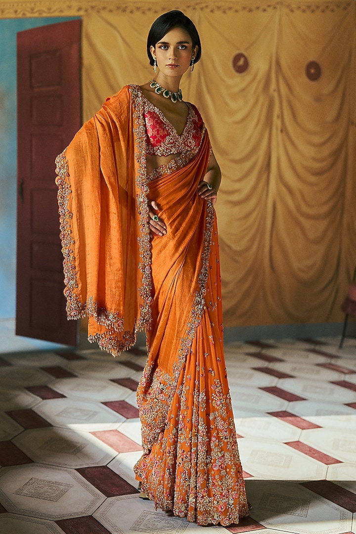 Marigold Chiffon & Tissue Kalidar Bridal Saree Set by Dolly J at Pernia's Pop Up Shop