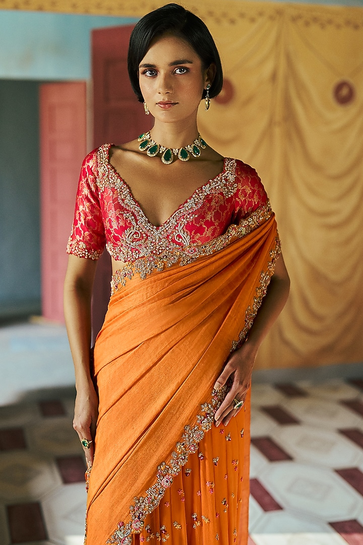 Marigold Chiffon & Tissue Kalidar Bridal Saree Set by Dolly J at Pernia's Pop Up Shop