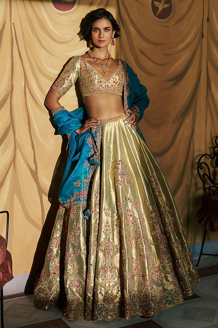 Lustrous Green Tissue Dori Embroidered Bridal Lehenga Set by Dolly J at Pernia's Pop Up Shop