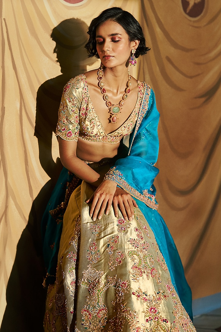 Lustrous Green Tissue Dori Embroidered Bridal Lehenga Set by Dolly J at Pernia's Pop Up Shop