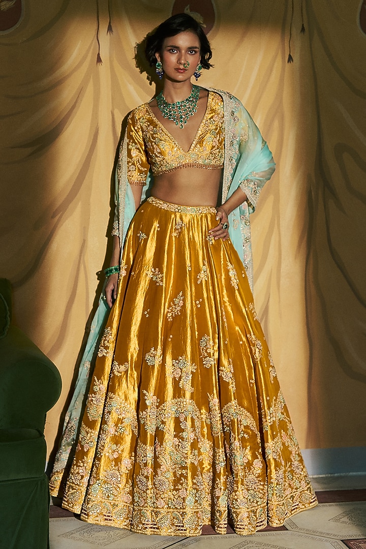 Golden Tissue Metallic Embroidered Bridal Lehenga Set by Dolly J at Pernia's Pop Up Shop