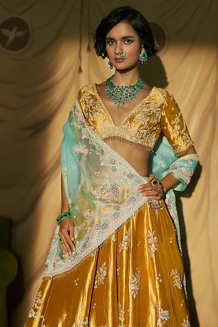 Golden Tissue Metallic Embroidered Bridal Lehenga Set by Dolly J at Pernia's Pop Up Shop