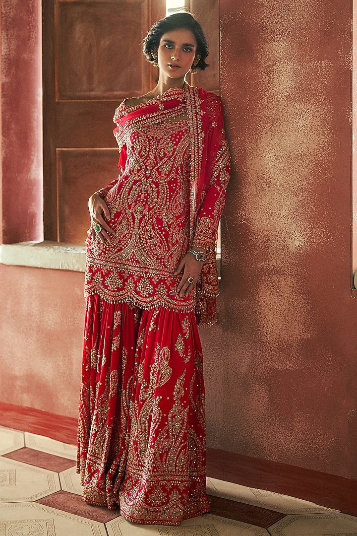 Red Crepe Thread Embroidered Bridal Sharara Set by Dolly J at Pernia's Pop Up Shop
