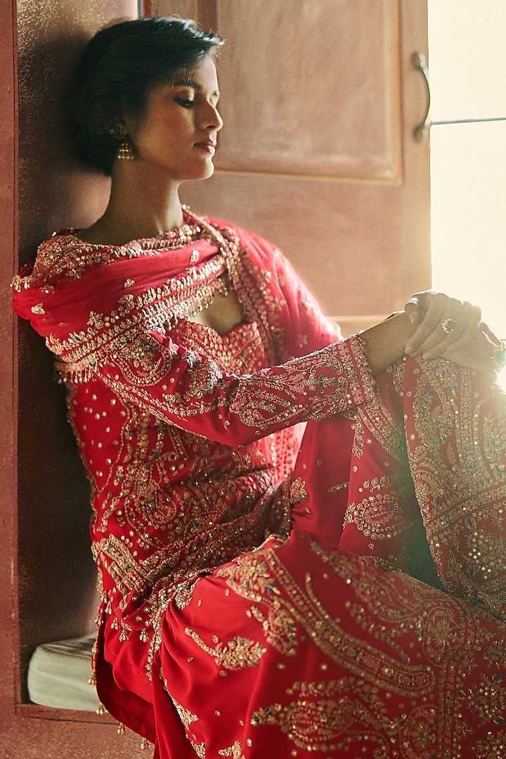 Red Crepe Thread Embroidered Bridal Sharara Set by Dolly J at Pernia's Pop Up Shop