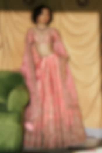 Peach Tissue Zardosi Embroidered Bridal Lehenga Set by Dolly J at Pernia's Pop Up Shop