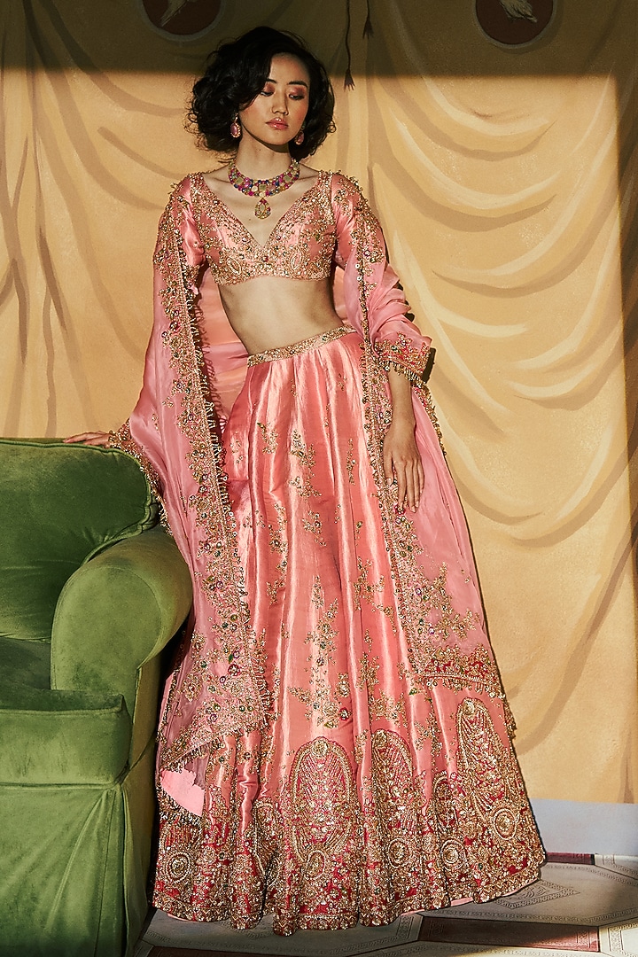 Peach Tissue Zardosi Embroidered Bridal Lehenga Set by Dolly J at Pernia's Pop Up Shop