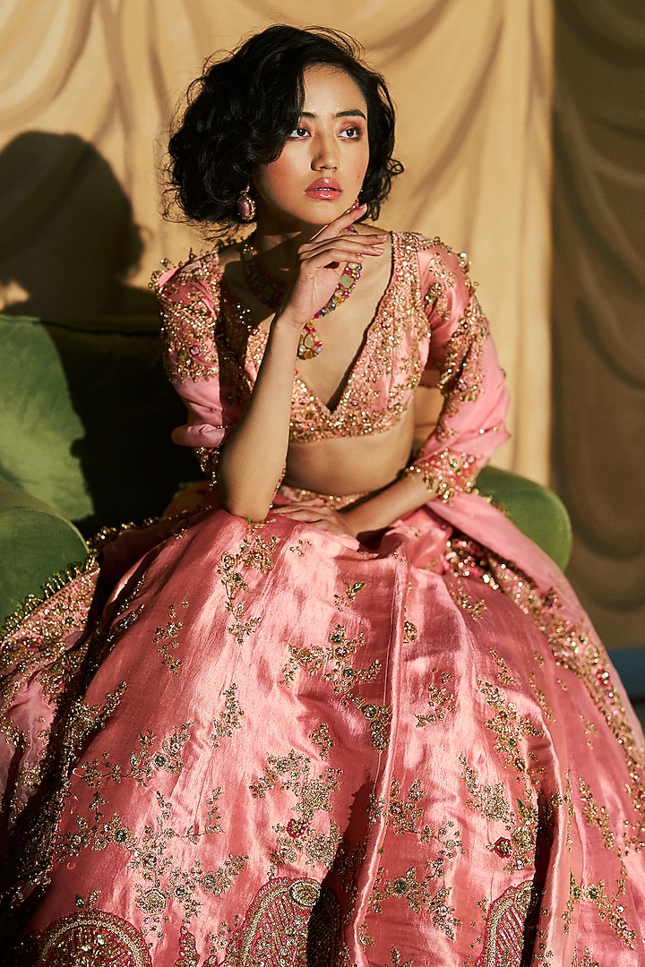Peach Tissue Zardosi Embroidered Bridal Lehenga Set by Dolly J at Pernia's Pop Up Shop