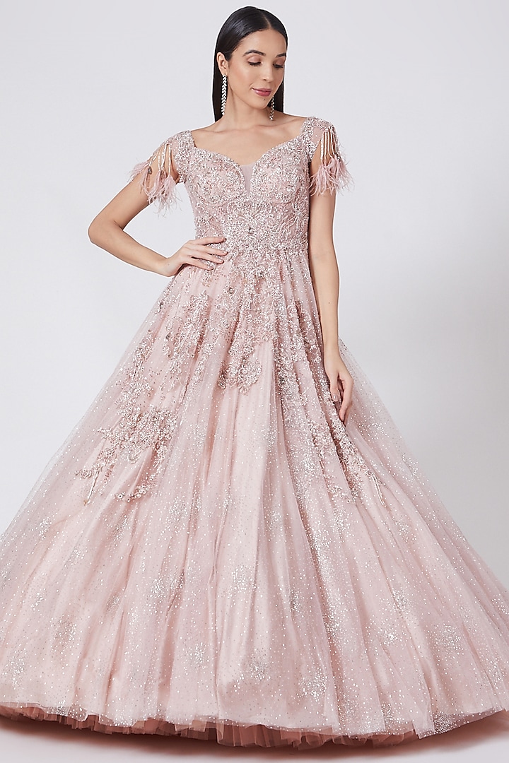 Blush Pink Gown With Trail by Dolly J
