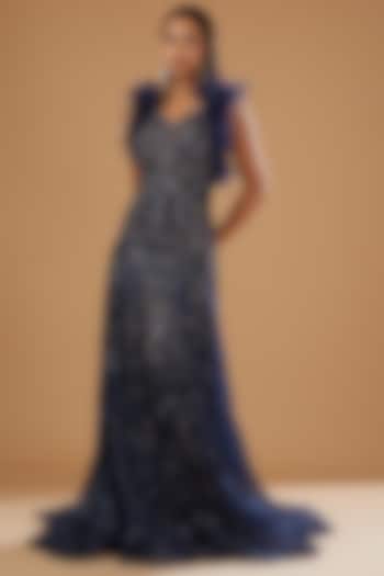 Navy Blue Shimmer Tulle Embellished Gown by Dolly J