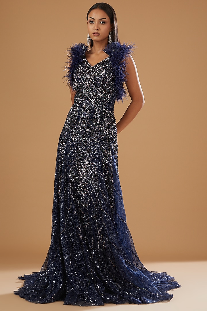 Navy Blue Shimmer Tulle Embellished Gown by Dolly J