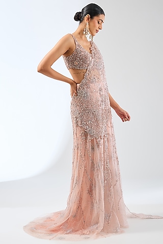 Blush Pink Shimmer Tulle Sequins Embroidered Draped Gown Saree by Dolly J