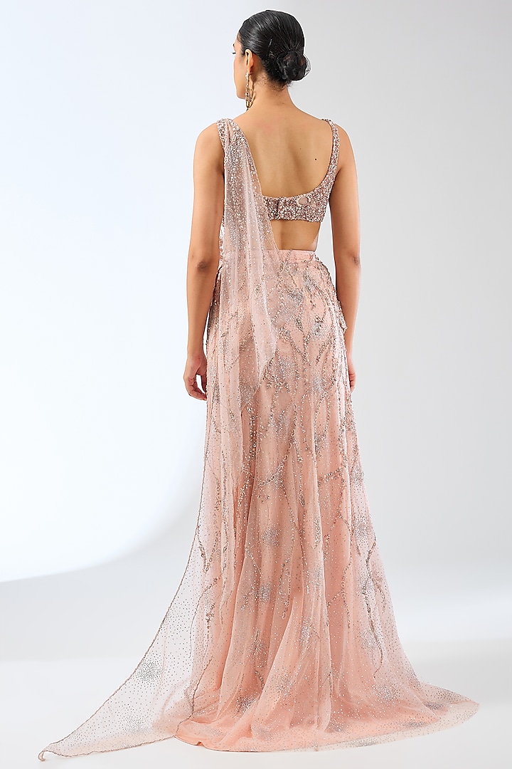 Blush Pink Shimmer Tulle Sequins Embroidered Draped Bridal Gown Saree by Dolly J at Pernia's Pop Up Shop