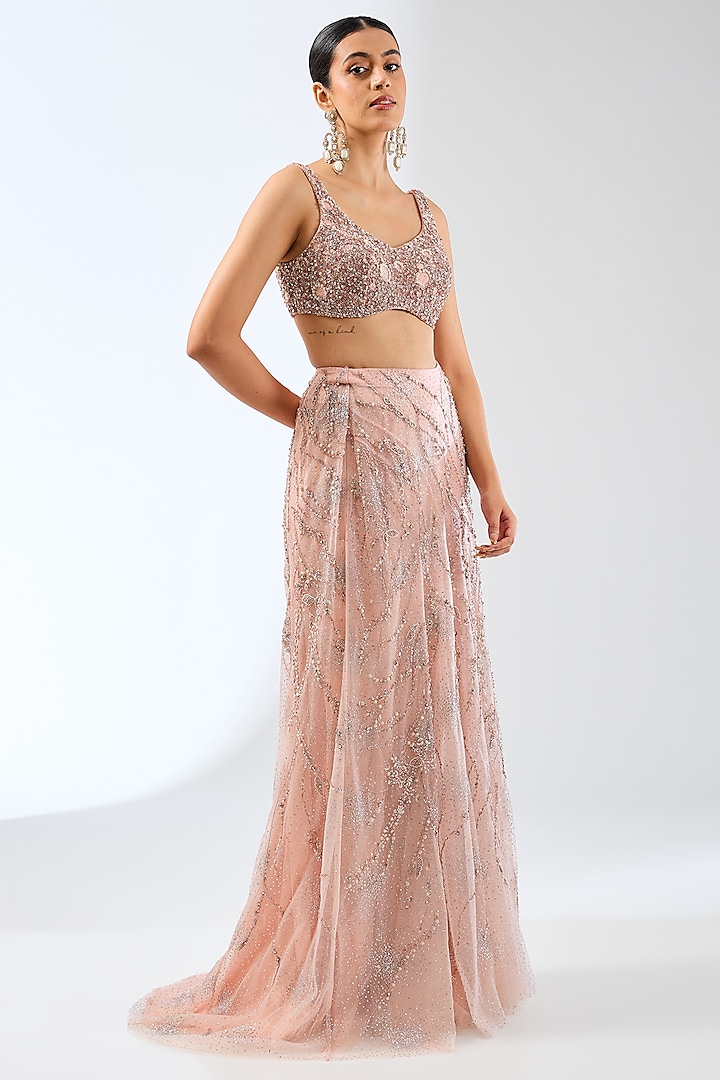 Blush Pink Shimmer Tulle Sequins Embroidered Draped Bridal Gown Saree by Dolly J at Pernia's Pop Up Shop