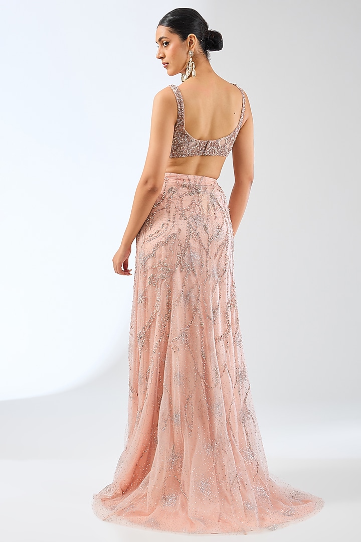 Blush Pink Shimmer Tulle Sequins Embroidered Draped Bridal Gown Saree by Dolly J at Pernia's Pop Up Shop