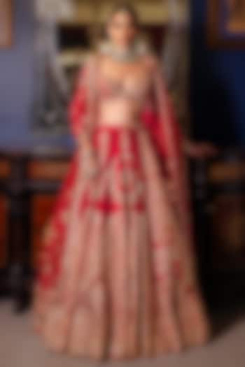 Red Raw Silk Floral Motif Embroidered Bridal Lehenga Set by Dolly J at Pernia's Pop Up Shop