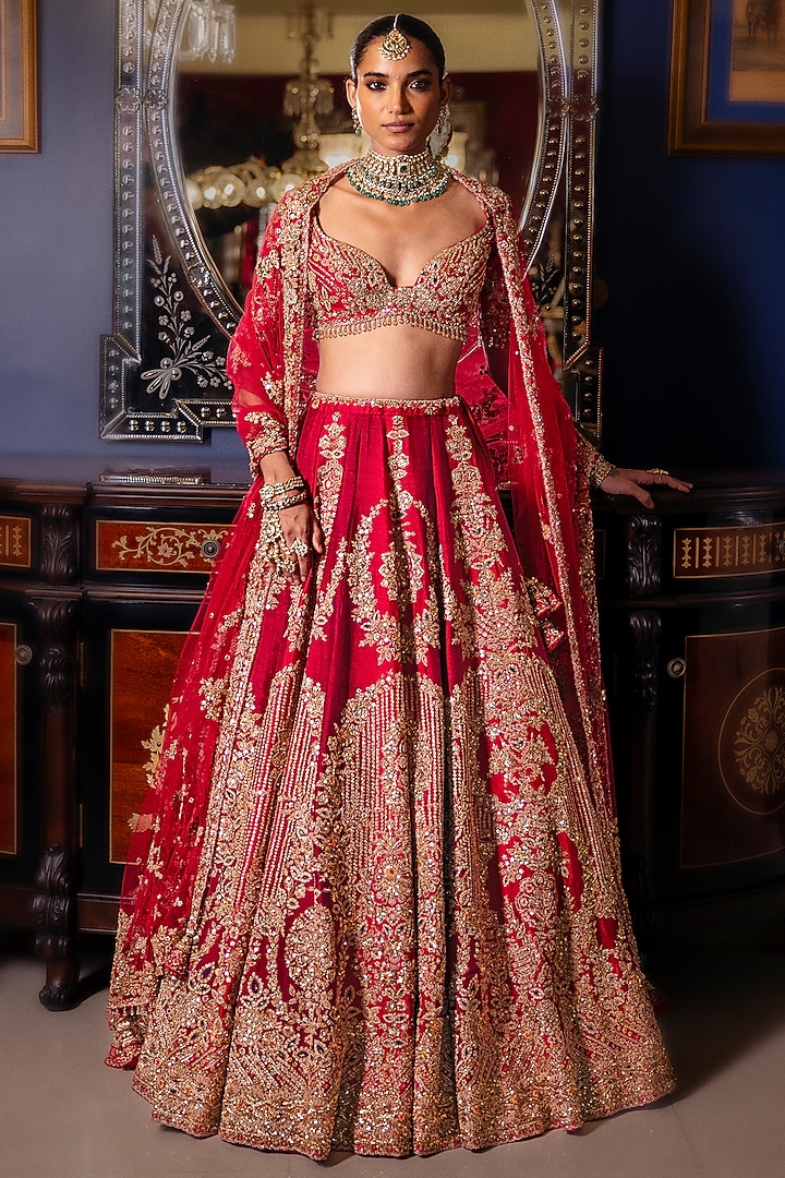 Red Raw Silk Floral Motif Embroidered Bridal Lehenga Set by Dolly J at Pernia's Pop Up Shop