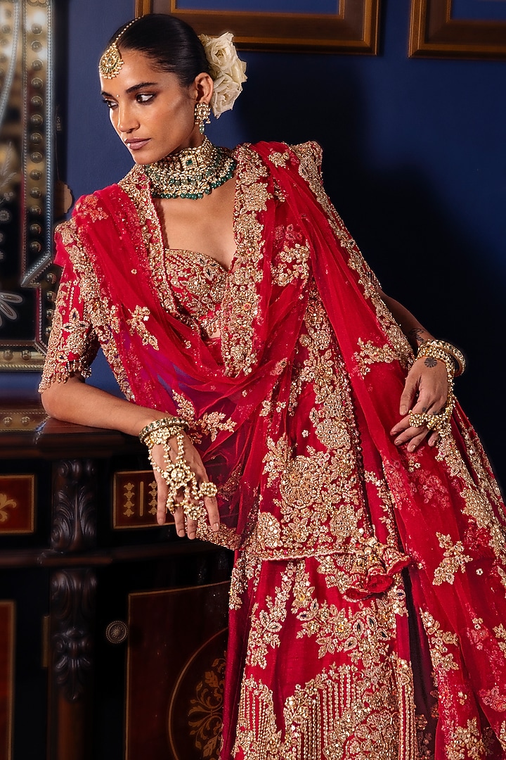 Red Raw Silk Floral Motif Embroidered Bridal Lehenga Set by Dolly J at Pernia's Pop Up Shop