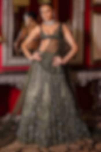 Moss Green Shimmer Tulle Motif Embellished Bridal Lehenga Set by Dolly J at Pernia's Pop Up Shop