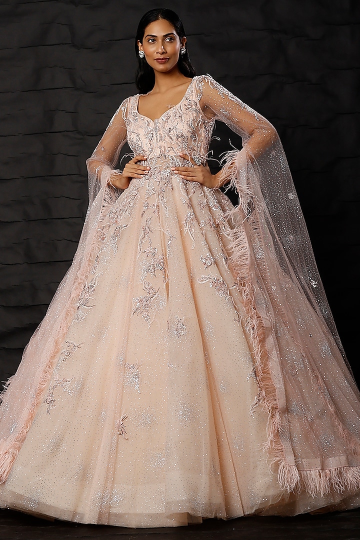 Salmon Pink Embellished Gown by Dolly J