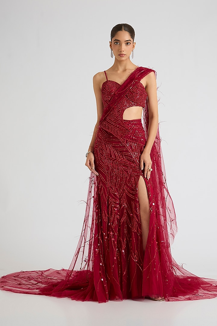 Deep Red Tulle Monochromatic Embroidered Skirt Set by Dolly J at Pernia's Pop Up Shop