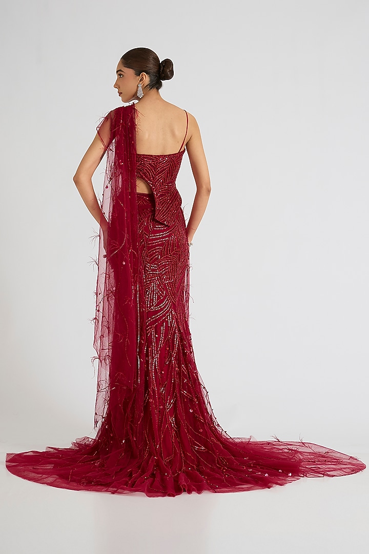 Deep Red Tulle Monochromatic Embroidered Skirt Set by Dolly J at Pernia's Pop Up Shop