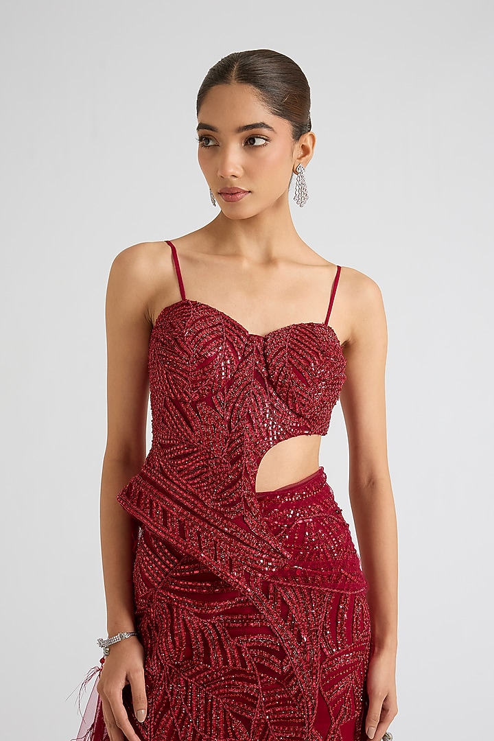 Deep Red Tulle Monochromatic Embroidered Skirt Set by Dolly J at Pernia's Pop Up Shop