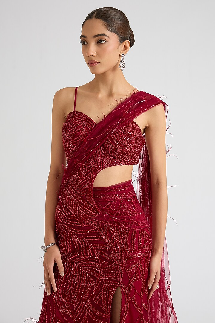 Deep Red Tulle Monochromatic Embroidered Skirt Set by Dolly J at Pernia's Pop Up Shop