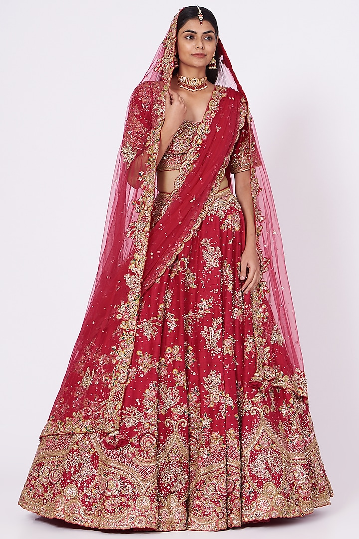Red Embroidered Lehenga Set by Dolly J