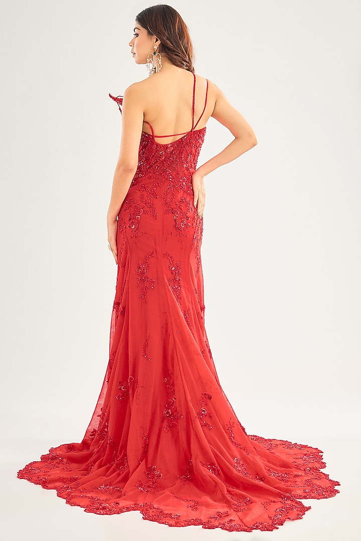 Scarlet Red Tulle Net Embroidered Bridal Gown by Dolly J at Pernia's Pop Up Shop