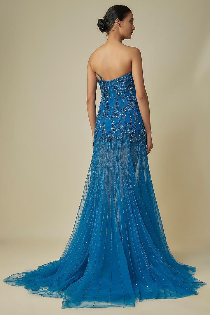 Cobalt Blue Tulle Net Crystal Embroidered Bridal Gown by Dolly J at Pernia's Pop Up Shop