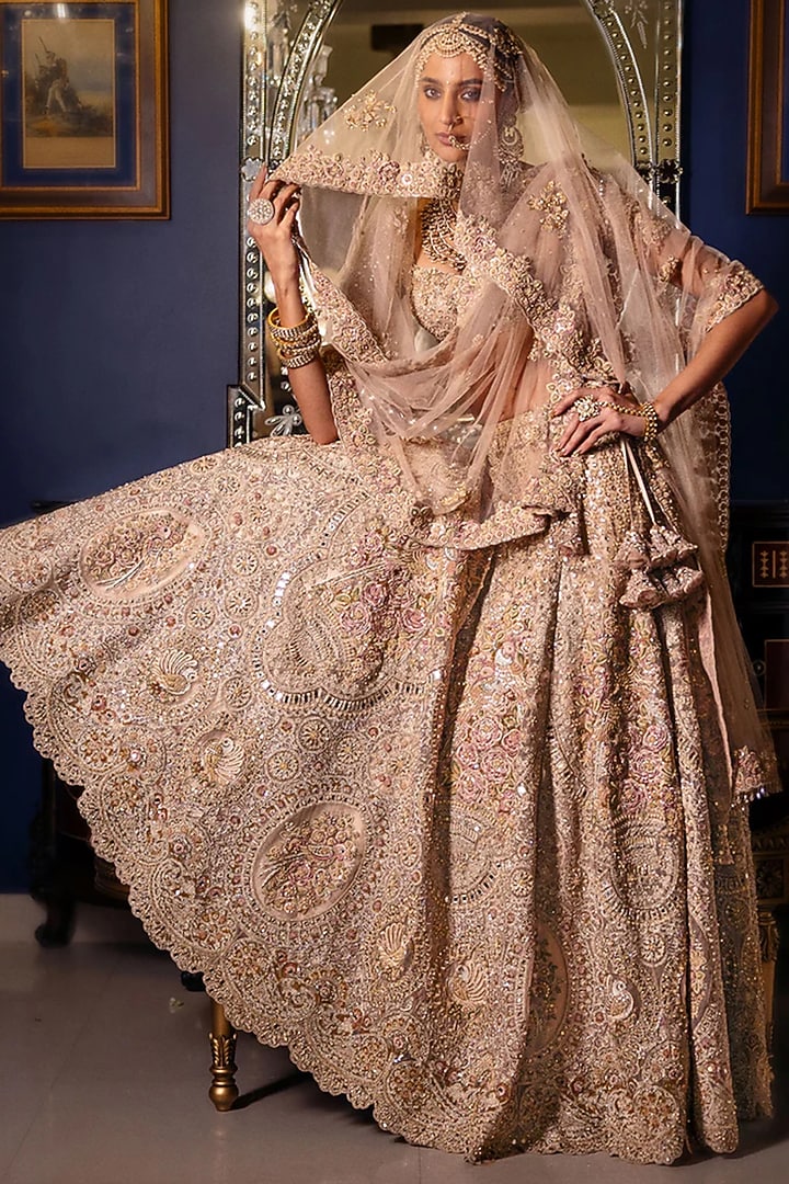 Pastel Gold Tulle Zari Embroidered Bridal Lehenga Set by Dolly J at Pernia's Pop Up Shop