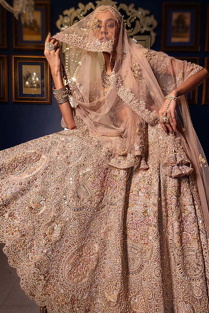 Pastel Gold Tulle Zari Embroidered Bridal Lehenga Set by Dolly J at Pernia's Pop Up Shop
